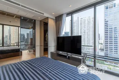 Luxurious modern bedroom with stunning city view and sleek interior design.