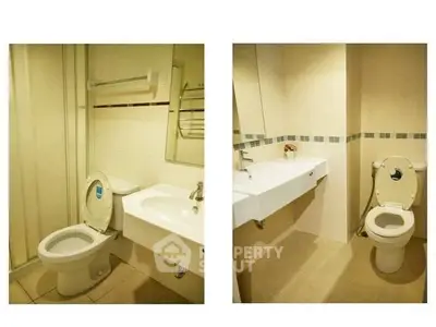 Modern bathroom with sleek fixtures and neutral tiles in a real estate property.