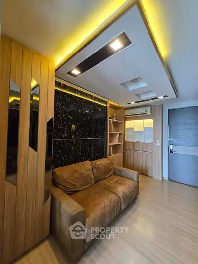 Modern living room with stylish wooden paneling and cozy brown sofa