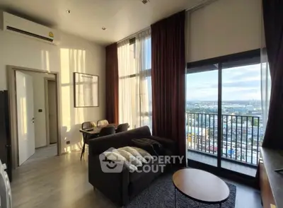 Modern living room with stunning city view and large windows