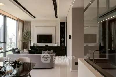 Luxurious modern living room with city view and elegant decor