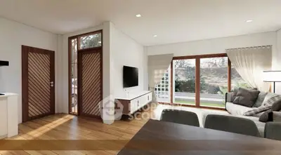 Modern living room with large windows and stylish decor