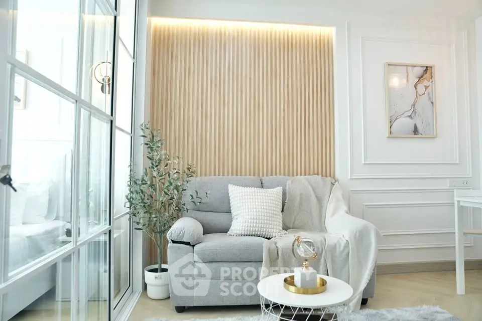 Modern living room with elegant decor and cozy seating area