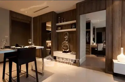 Luxurious modern dining and living area with elegant decor and ambient lighting.