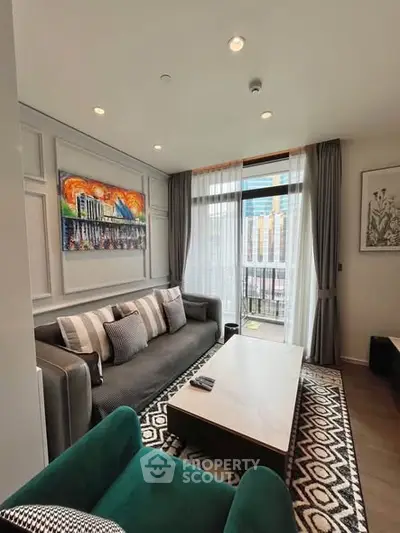 Modern living room with stylish decor and large window view
