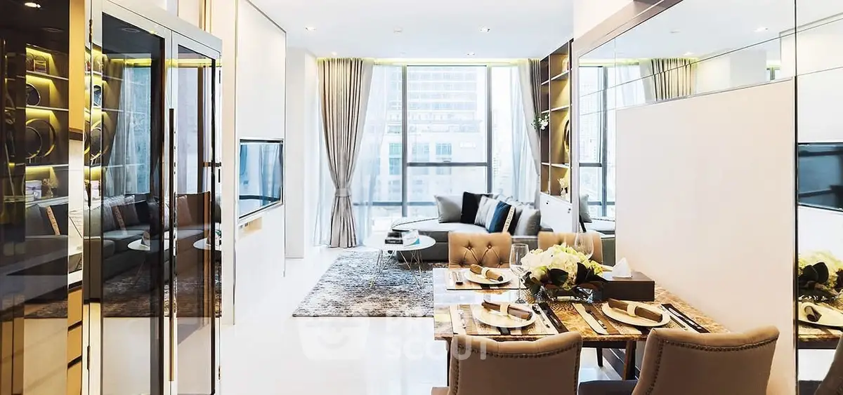 Luxurious modern living room with elegant dining area and city view, perfect for urban living.