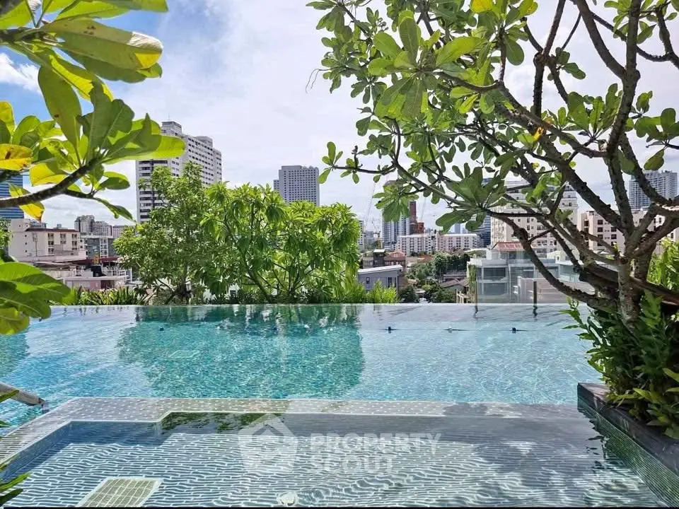 Luxurious rooftop infinity pool with stunning city skyline views and lush greenery.