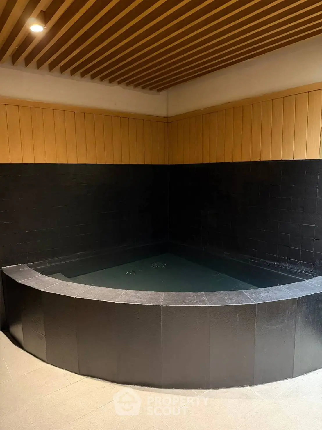 Luxurious indoor pool with elegant wood paneling and modern design