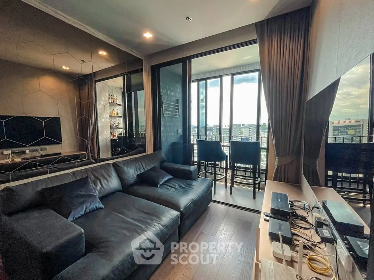 Luxurious living room with panoramic city view and sleek modern design