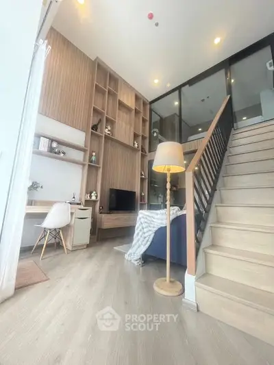 Modern living room with stylish wooden decor and cozy seating area
