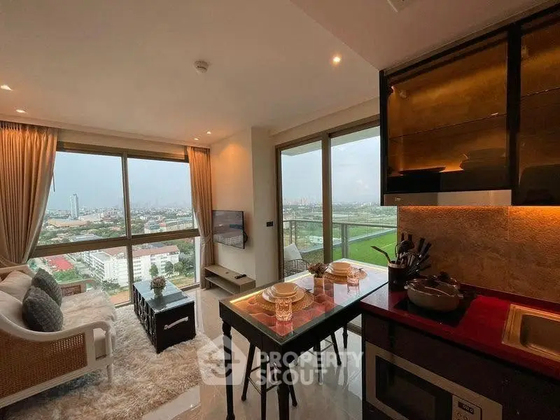 Luxurious living room with stunning city view and modern kitchen