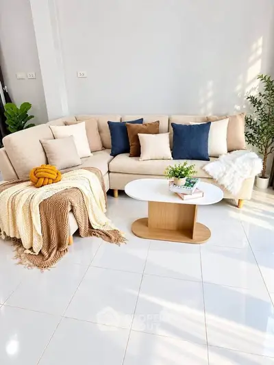 Stylish living room with cozy beige sectional sofa and modern coffee table