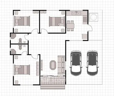Modern house floor plan with three bedrooms, spacious living area, and double garage.