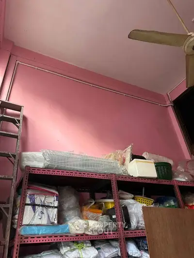 Spacious storage room with pink walls and organized shelving, ideal for efficient organization.