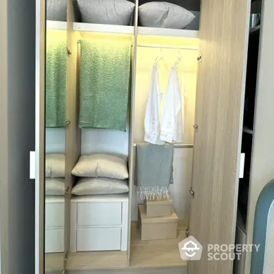 Modern wardrobe with mirrored doors and organized storage space in a stylish bedroom.