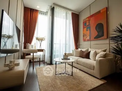 Modern living room with stylish decor and large window view