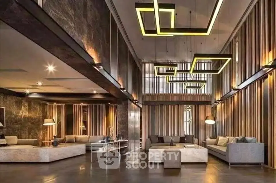 Luxurious modern living room with high ceilings and stylish lighting