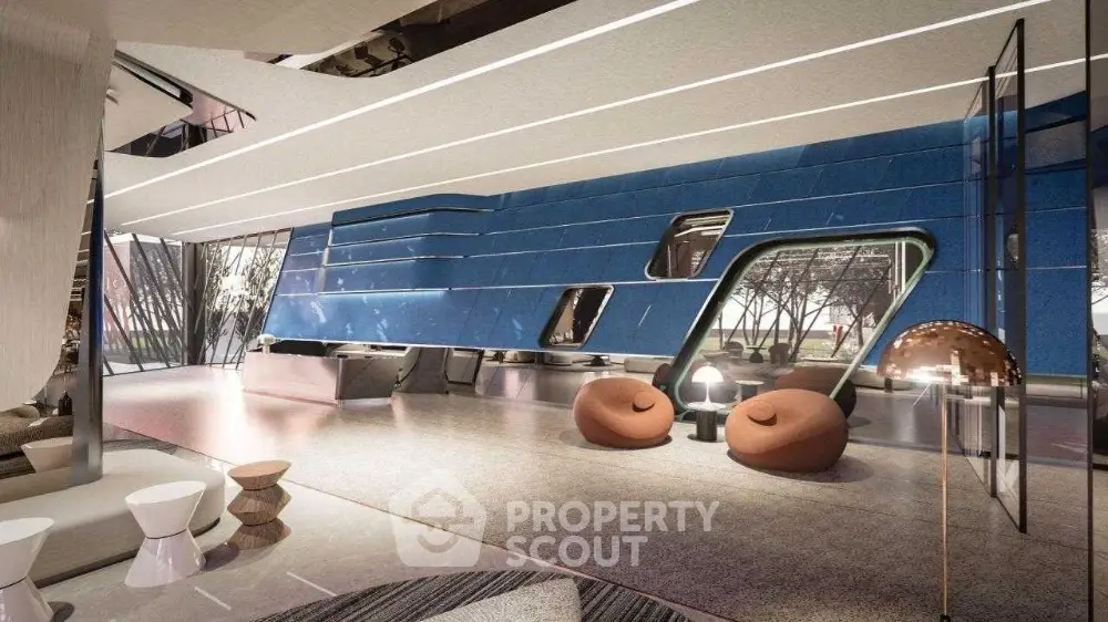 Futuristic luxury living room with modern design and unique architectural features.