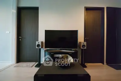 Modern living room with sleek TV setup and stylish decor