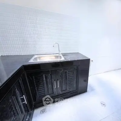 Modern kitchen with sleek black cabinetry and stainless steel sink in a minimalist design.