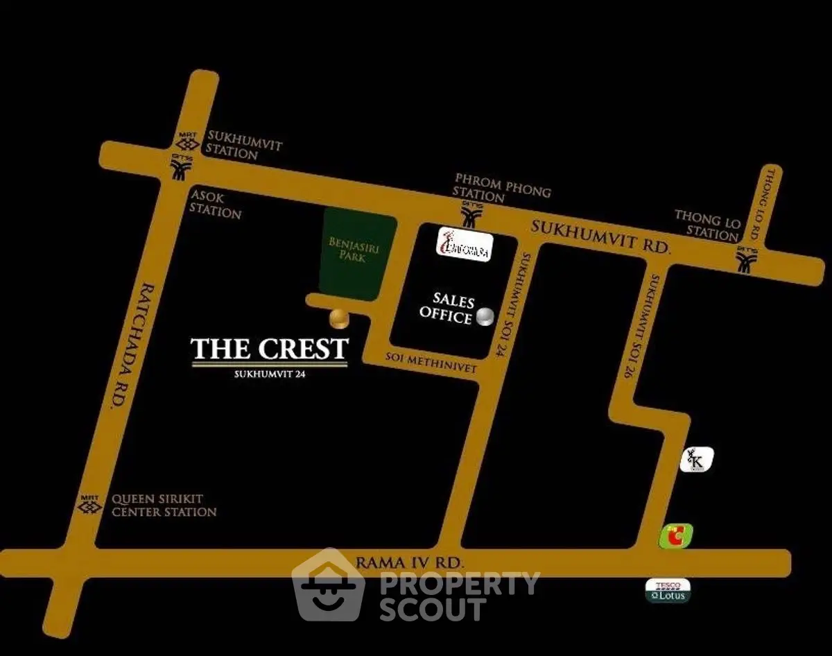 Map showing location of The Crest Sukhumvit 24 near BTS stations and Benjasiri Park.