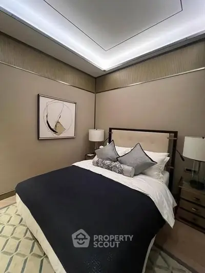 Luxurious bedroom with elegant decor and modern lighting