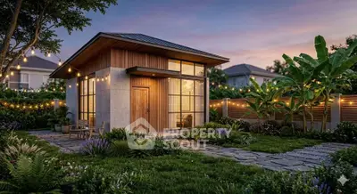 Charming modern tiny house with lush garden and ambient lighting, perfect for cozy living.