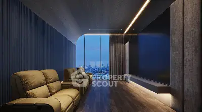 Luxurious home theater with city skyline view and plush seating