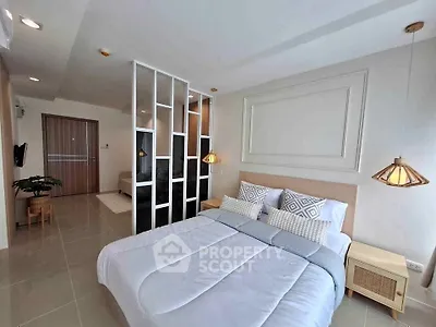 Modern bedroom with stylish decor and partition wall in elegant apartment