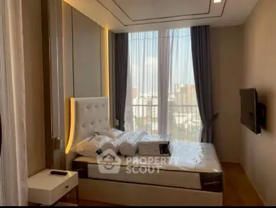 Luxurious bedroom with city view and modern decor