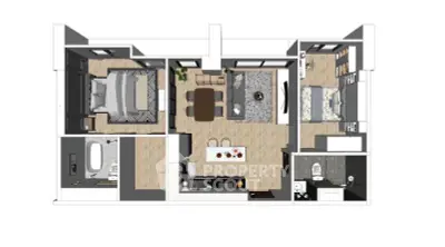 Modern apartment floor plan with two bedrooms, open kitchen, and spacious living area.