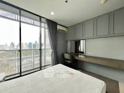 Modern bedroom with city view, featuring large windows and stylish decor.