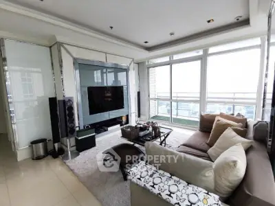 Luxurious living room with modern decor and stunning city view