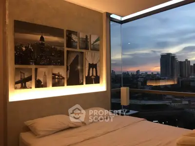 Luxurious bedroom with stunning city view and modern decor