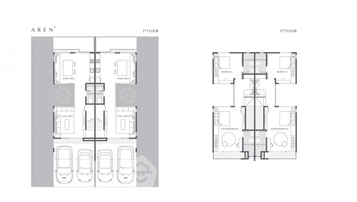 Modern duplex floor plan showcasing spacious layout with parking and dining areas.