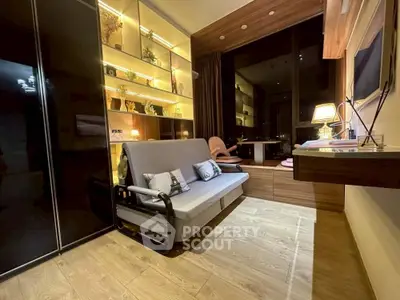 Modern living room with sleek design and ambient lighting