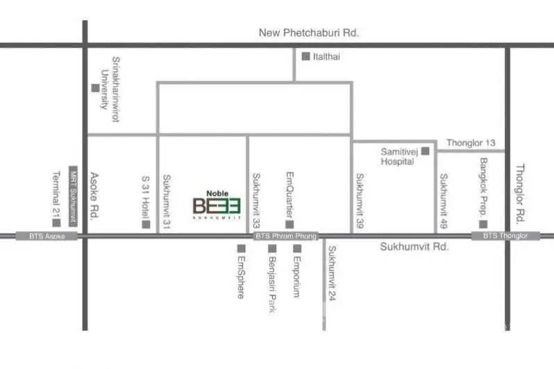 Map showing Noble BE33 location near BTS stations and major roads in Bangkok.