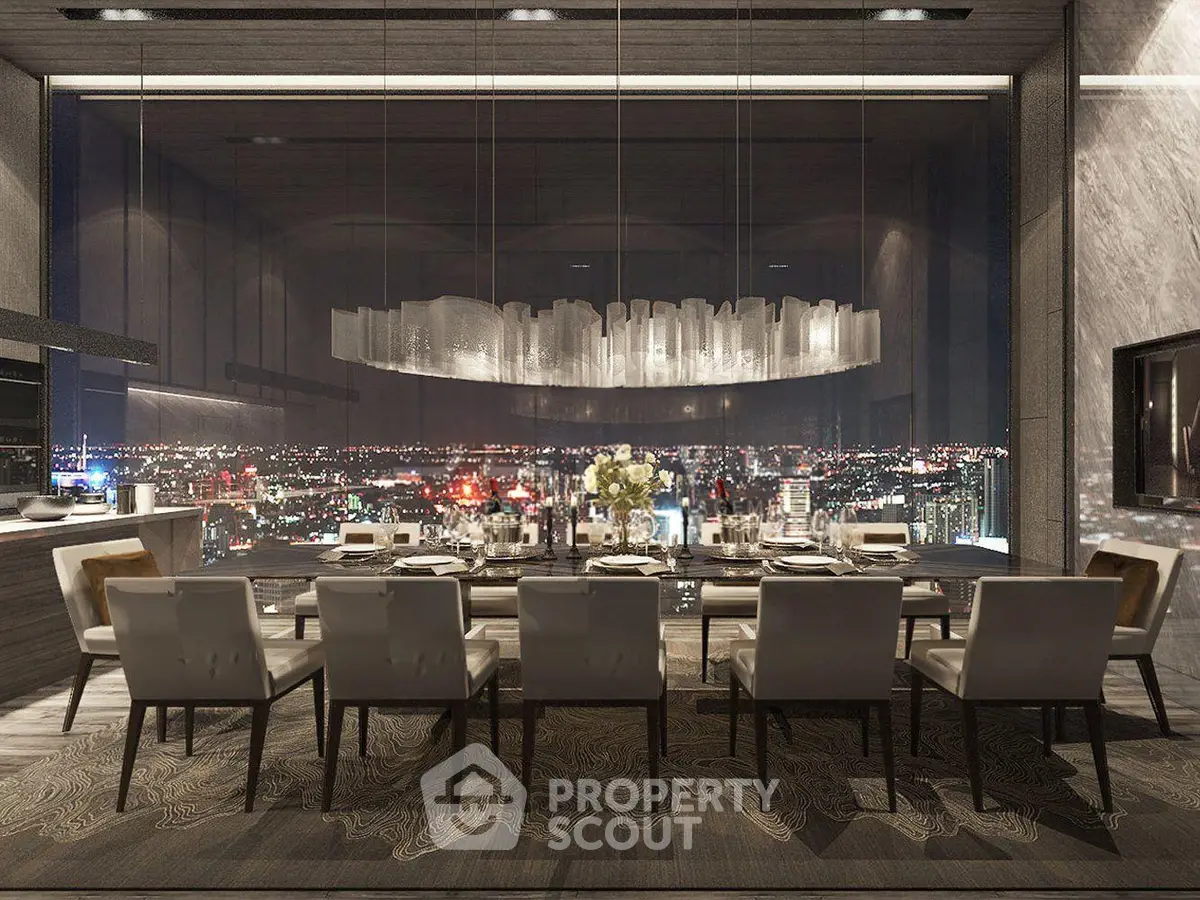 Luxurious dining room with stunning city view and elegant chandelier, perfect for upscale entertaining.