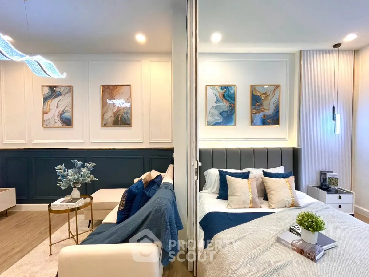 Modern studio apartment with stylish decor and cozy living area.