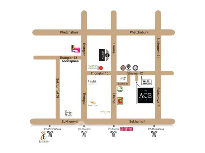 Map showcasing prime real estate locations in Thonglor, Bangkok with nearby amenities and landmarks.