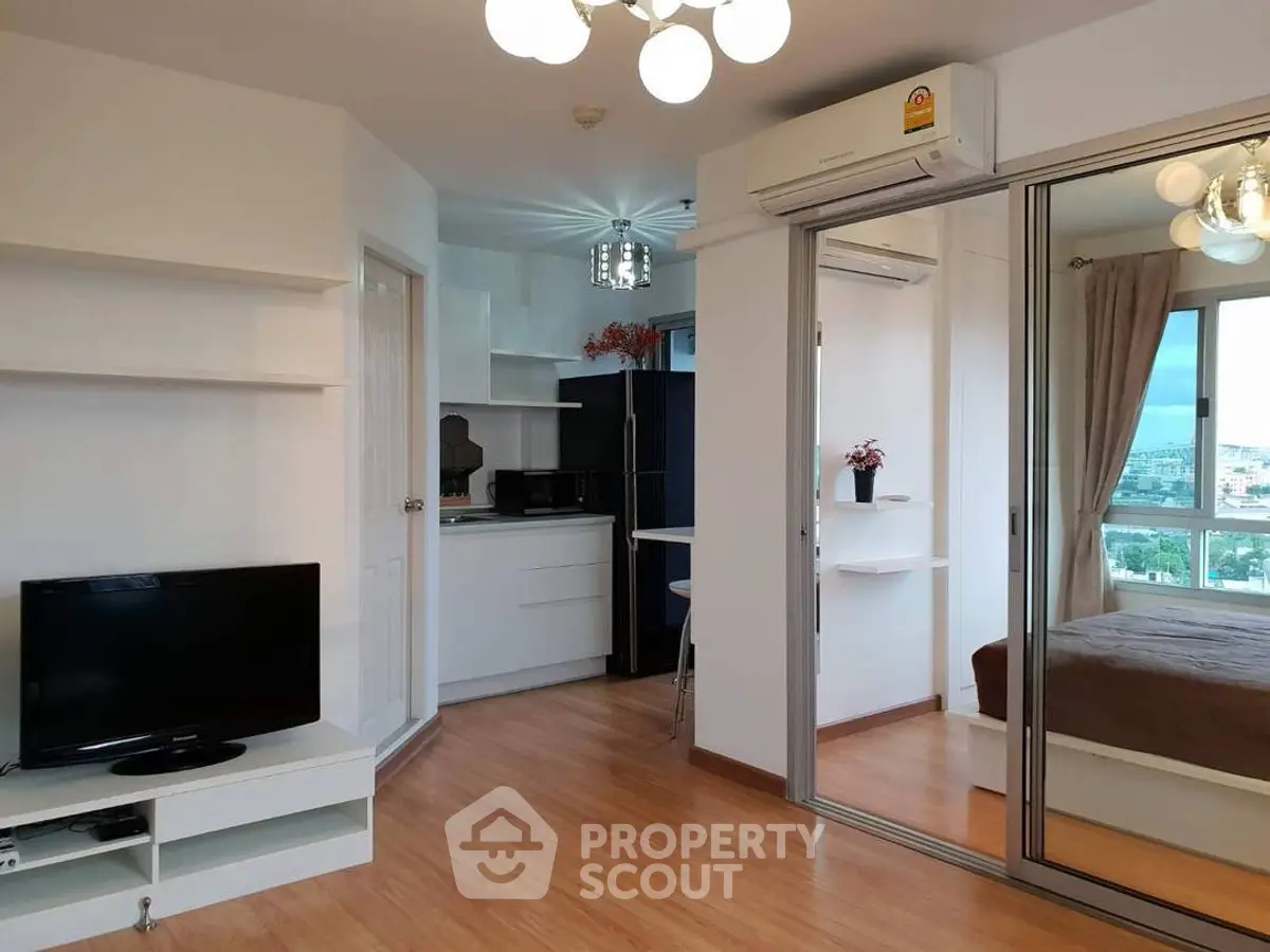 Modern apartment interior with open layout and city view