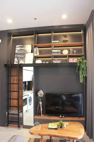 Stylish modern living room with built-in shelving and cozy decor