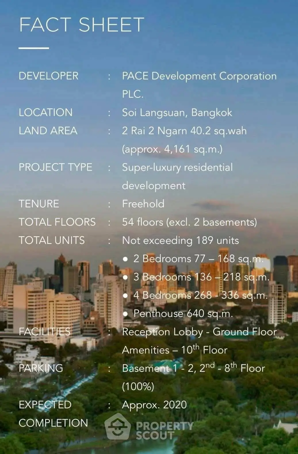 Luxury residential project fact sheet with cityscape background in Bangkok.