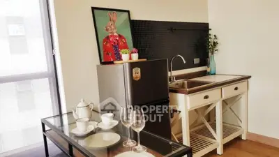 Chic modern kitchen with stylish decor and compact fridge in urban apartment