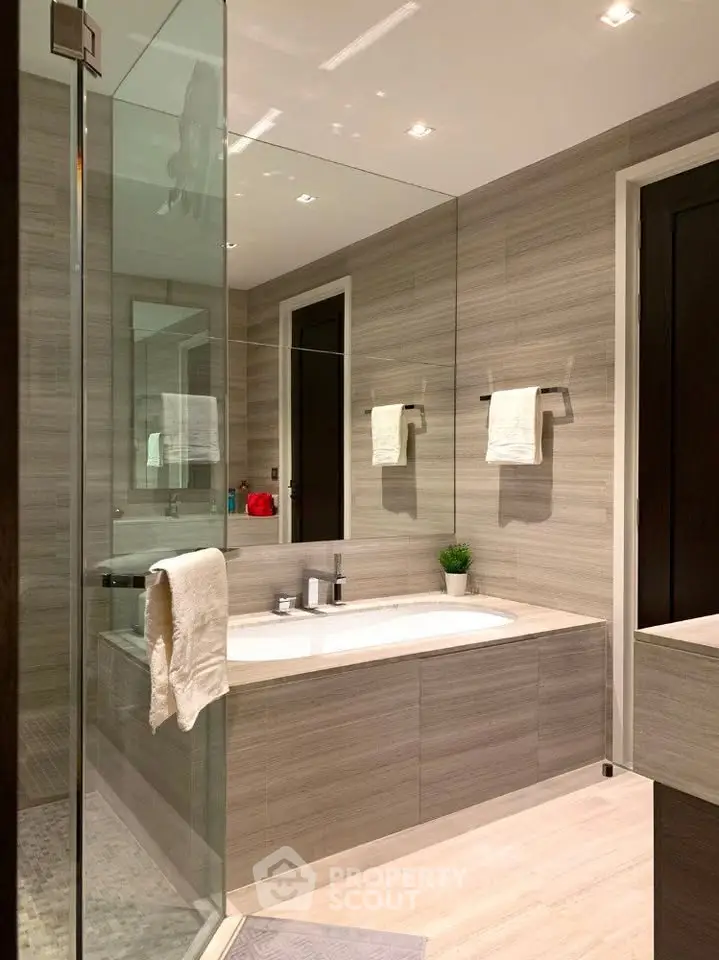 Luxurious modern bathroom with elegant bathtub and sleek design