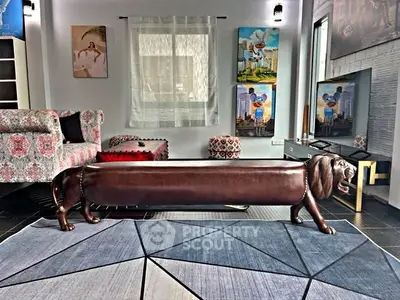 Stylish living room with unique lion-shaped leather bench and modern decor