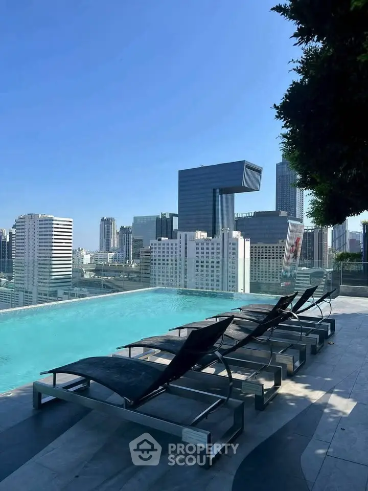 Luxurious rooftop pool with stunning city skyline view, perfect for relaxation and urban living.