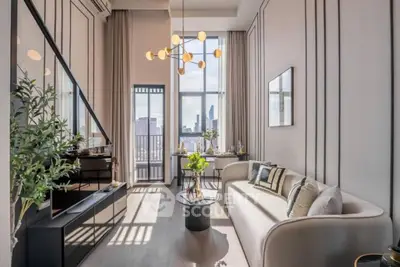 Luxurious modern living room with high ceilings and city view, featuring elegant decor and natural light.