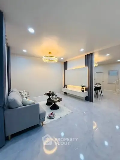 Modern living room with elegant decor and ambient lighting