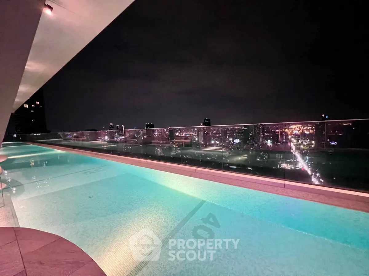 Luxurious rooftop pool with stunning city skyline view at night